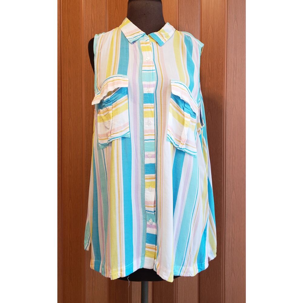 A New Approach size XL blue & yellow sleeveless button up top